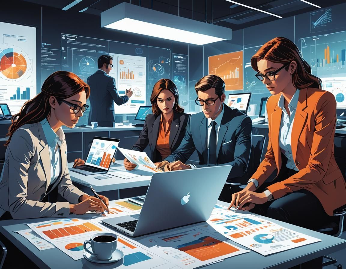 A group of people are sitting at a table with laptops and papers.