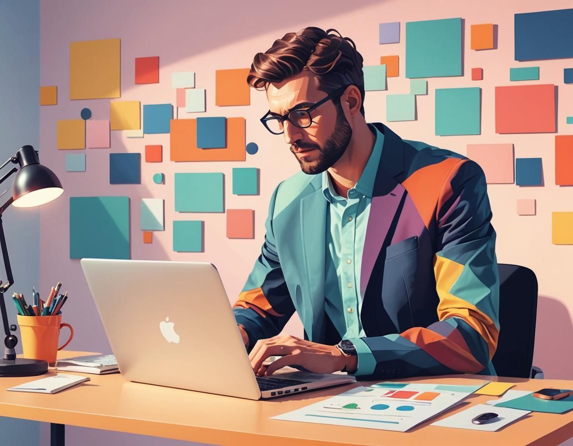 A man in a colorful suit is typing on a laptop