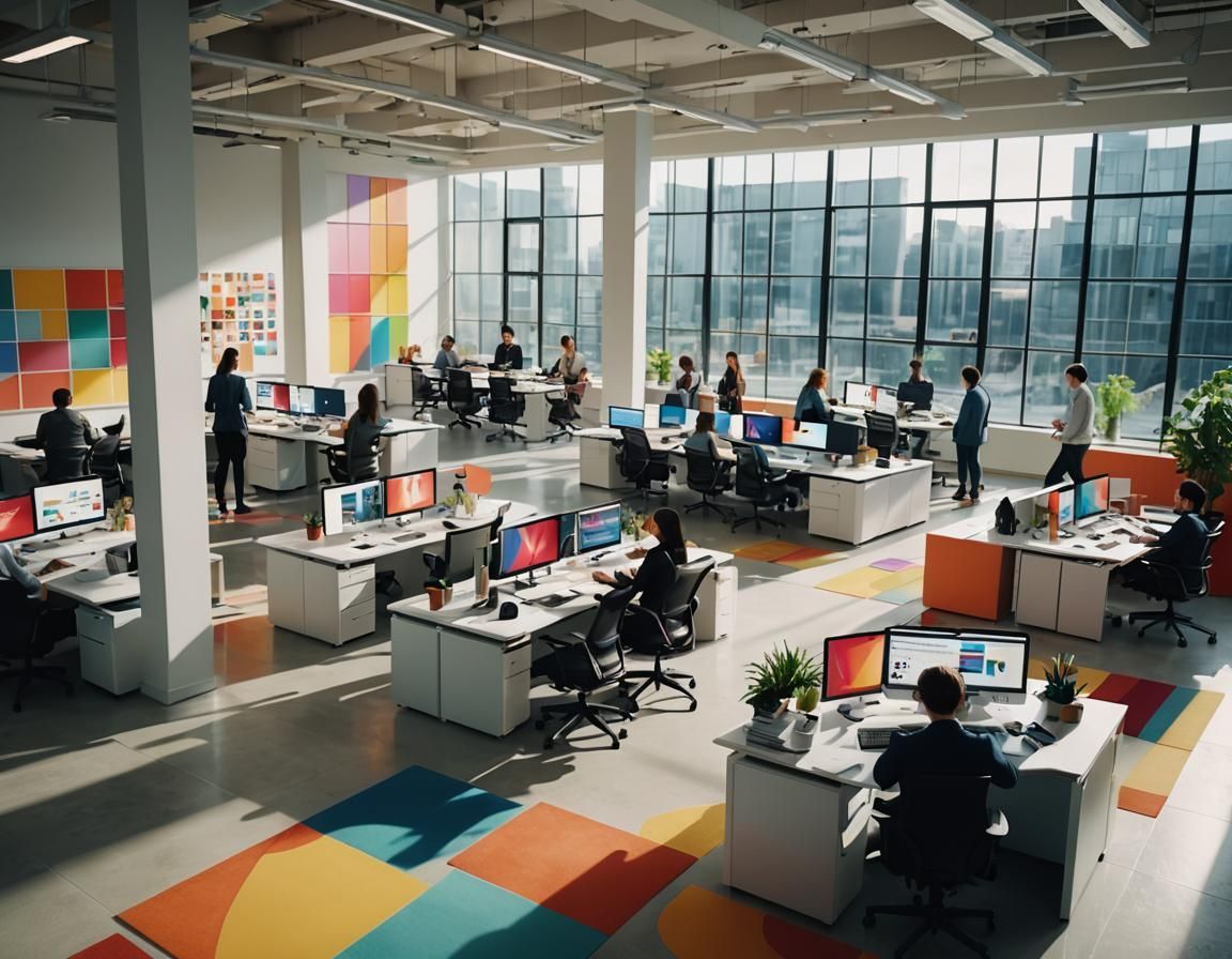 A group of people are sitting at desks in an office.