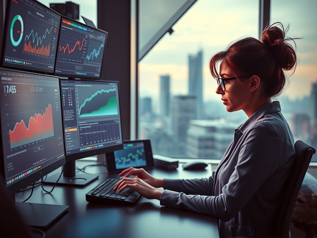 A woman is sitting at a desk in front of a computer monitor.