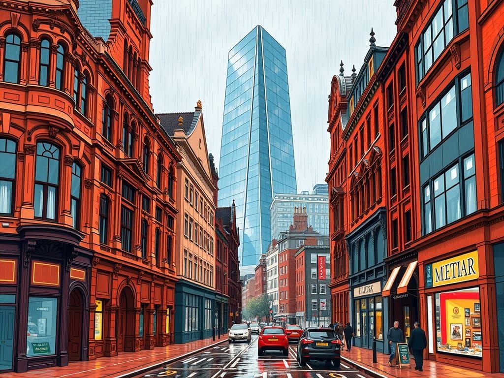 A painting of a city street with a tall building in the background