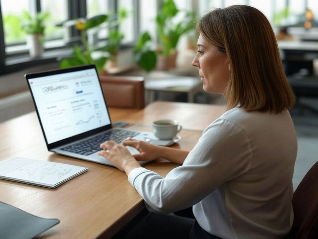 A woman is sitting at a table using a laptop computer.