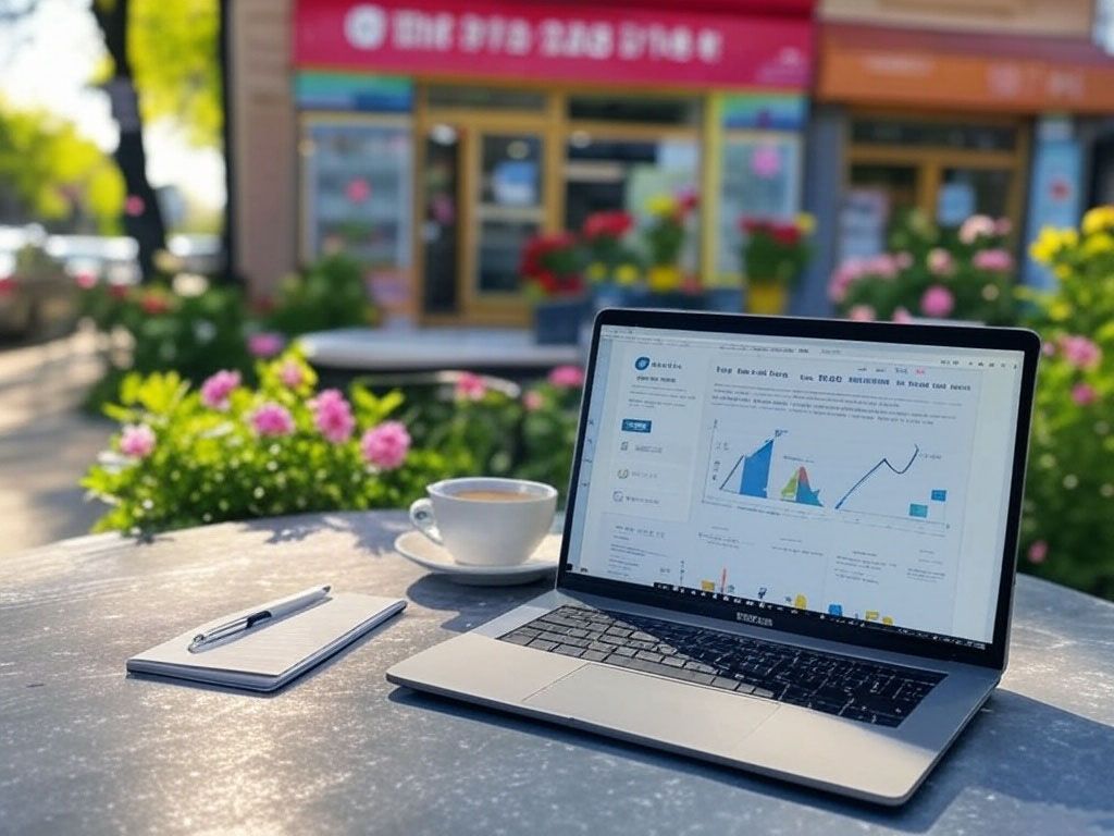 A laptop computer is sitting on a table with a cup of coffee.