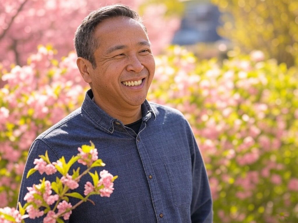 A man is smiling while holding a branch of pink flowers.