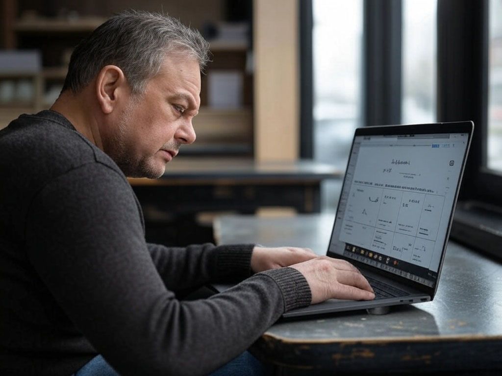 An unhappy man is sitting at a table using a laptop computer.