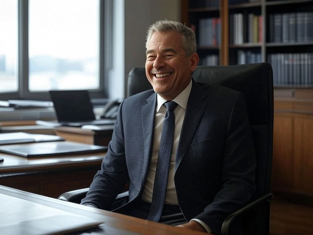 A man in a suit and tie is sitting at a desk and smiling.