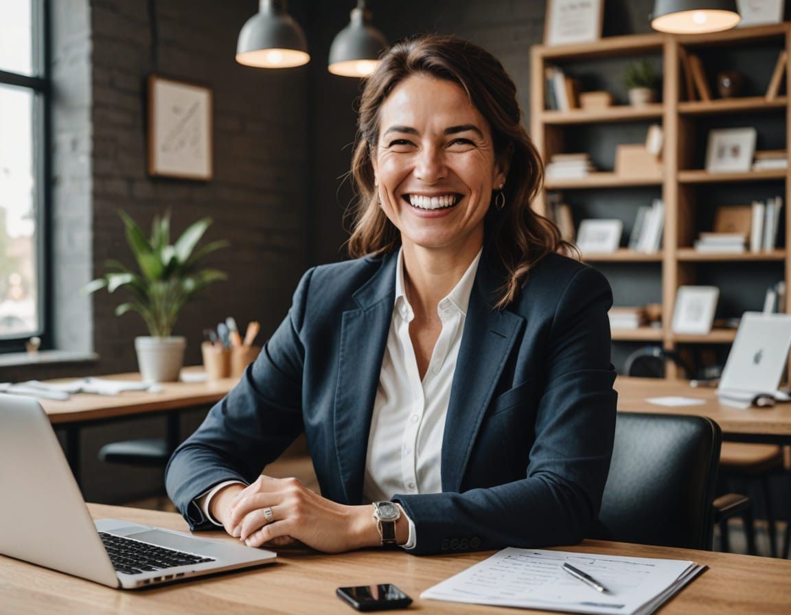 A woman is sitting at a desk with a laptop and smiling.