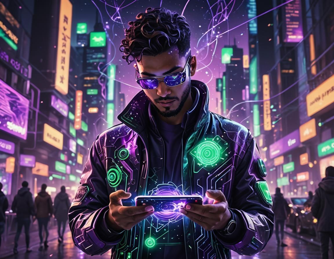 A man is playing a video game on his phone in a futuristic city.