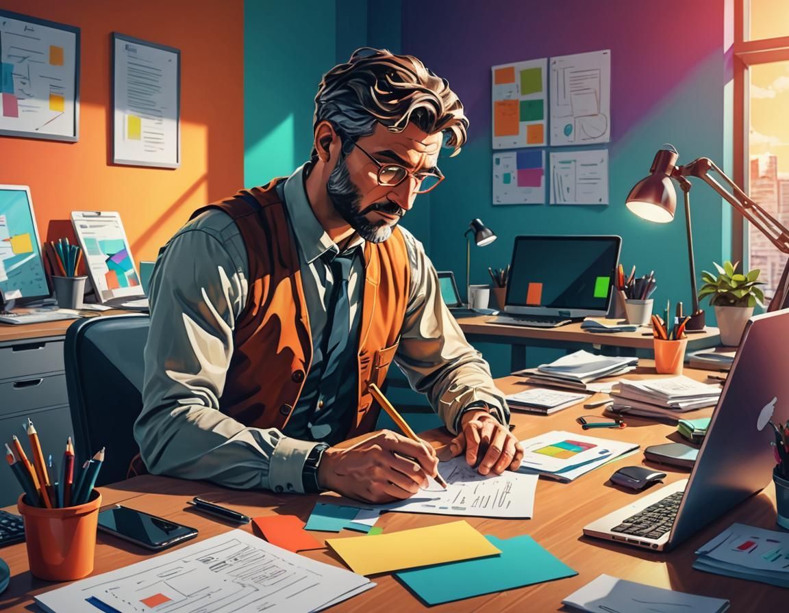 A man is sitting at a desk with a laptop and writing on a piece of paper.