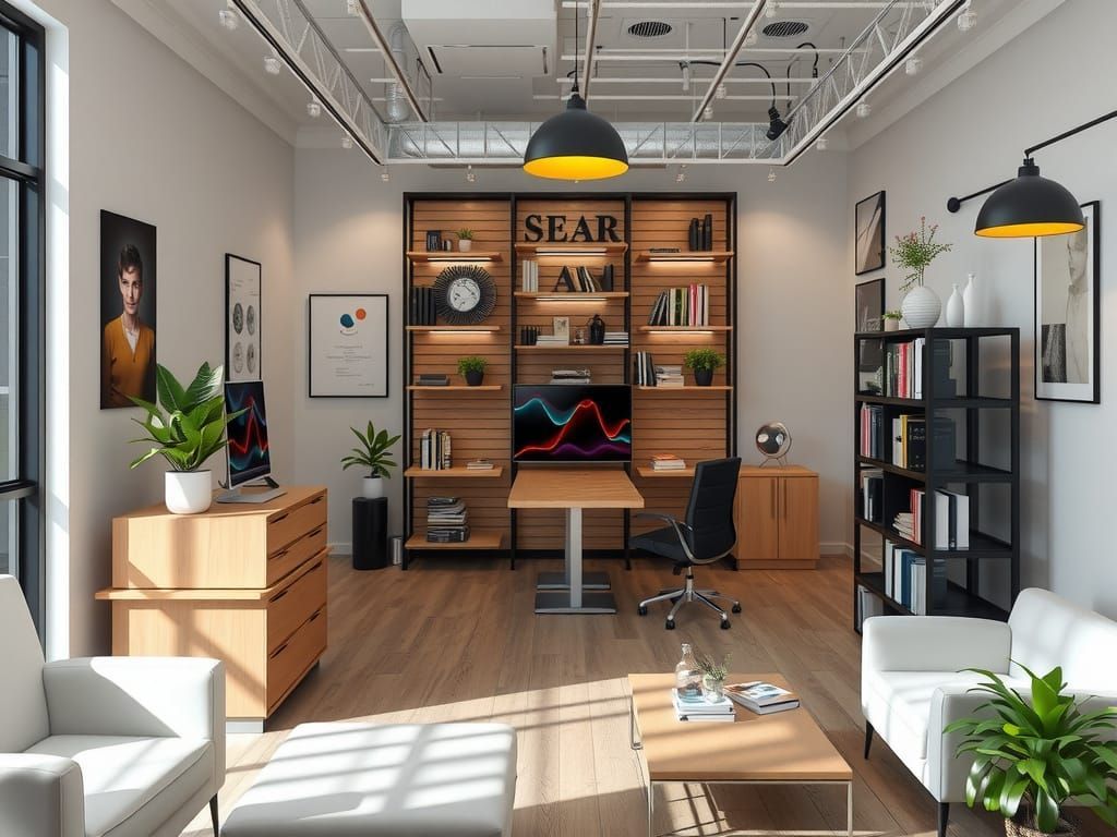 A living room with a desk , chair , couch , coffee table and shelves.