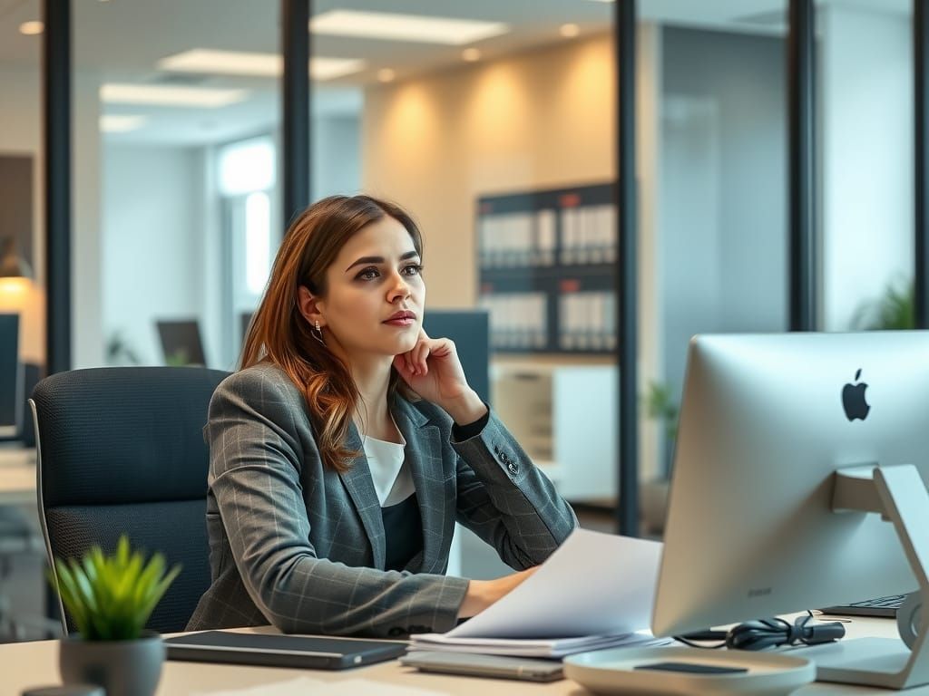 A woman is sitting at a desk in front of an apple computer.