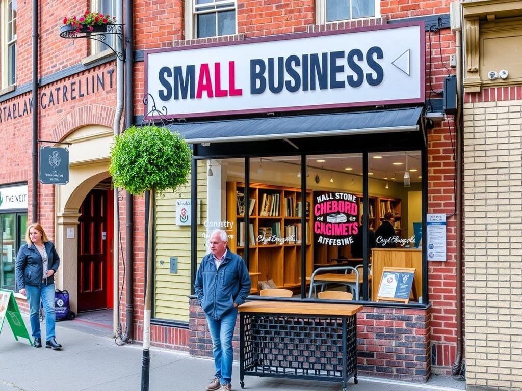 A man is standing in front of a small business.