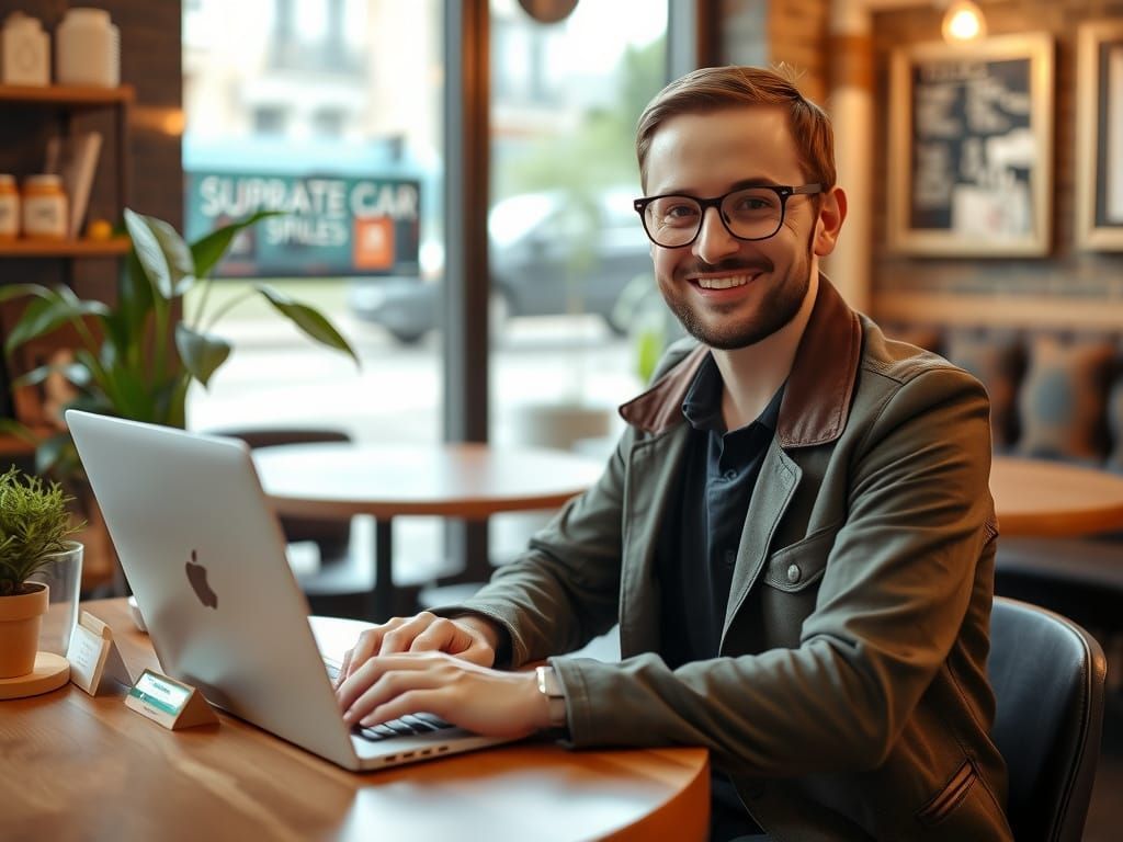 A man is sitting at a table using a laptop computer.