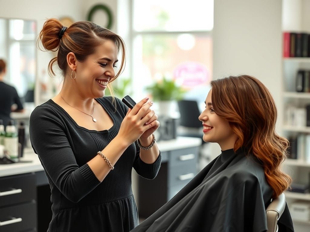 A woman is getting her hair cut by a hairdresser in a salon.