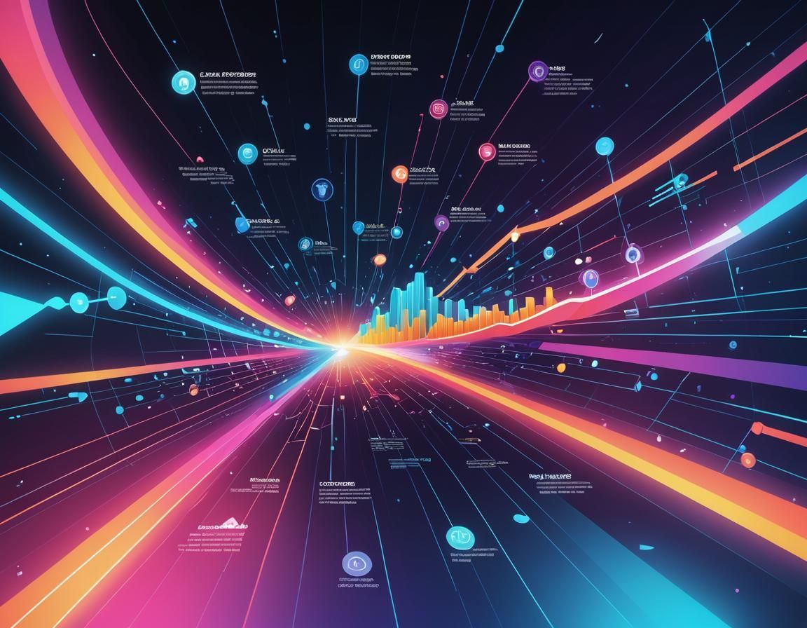 A computer generated image of a colorful glowing tunnel with a city in the background.