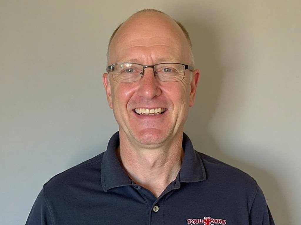 A bald man wearing glasses and a blue shirt is smiling for the camera.