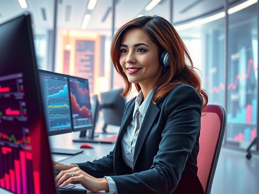A woman is sitting at a desk in front of a computer.