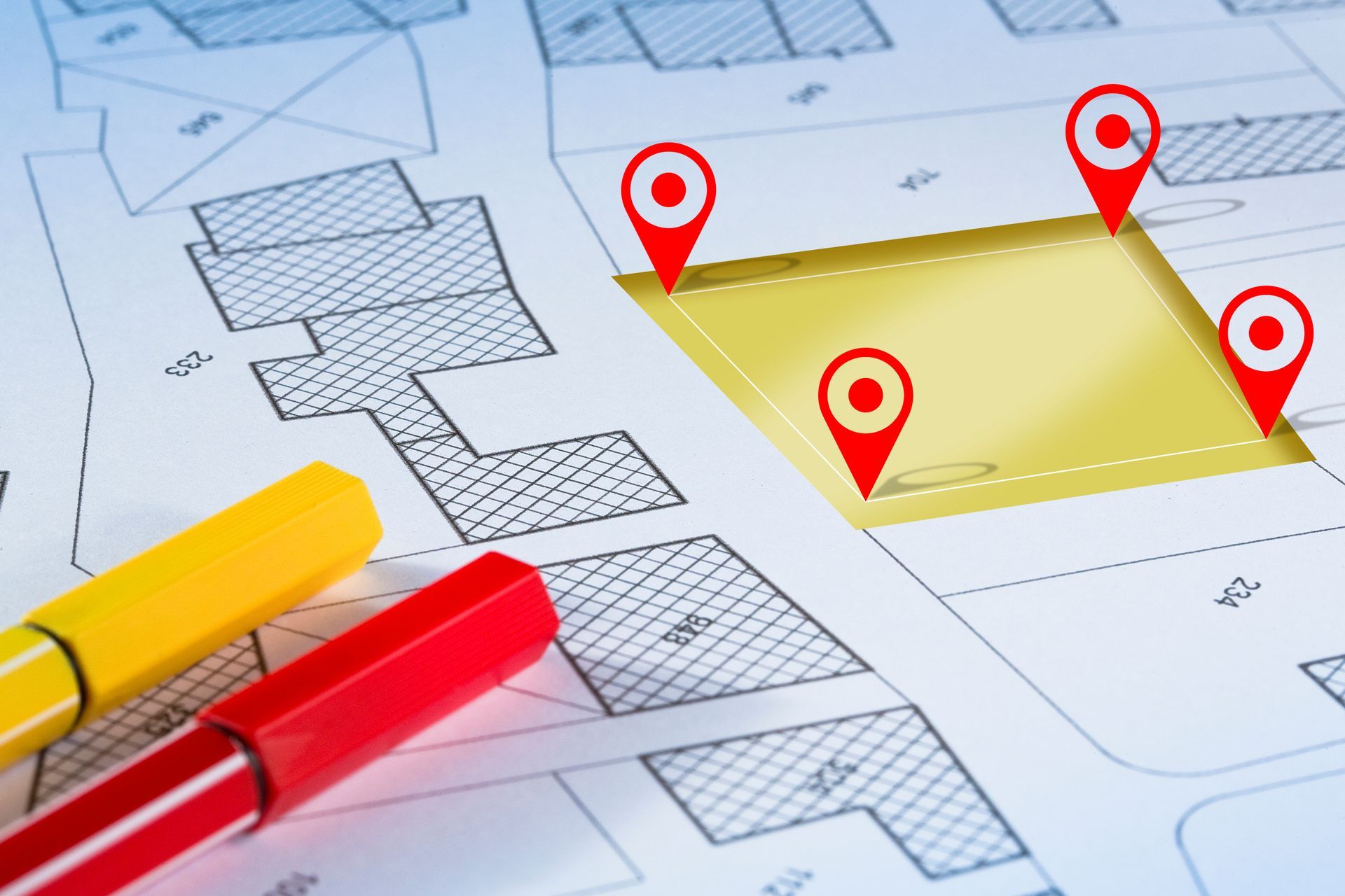 A map with markers on it and a yellow square in the middle.