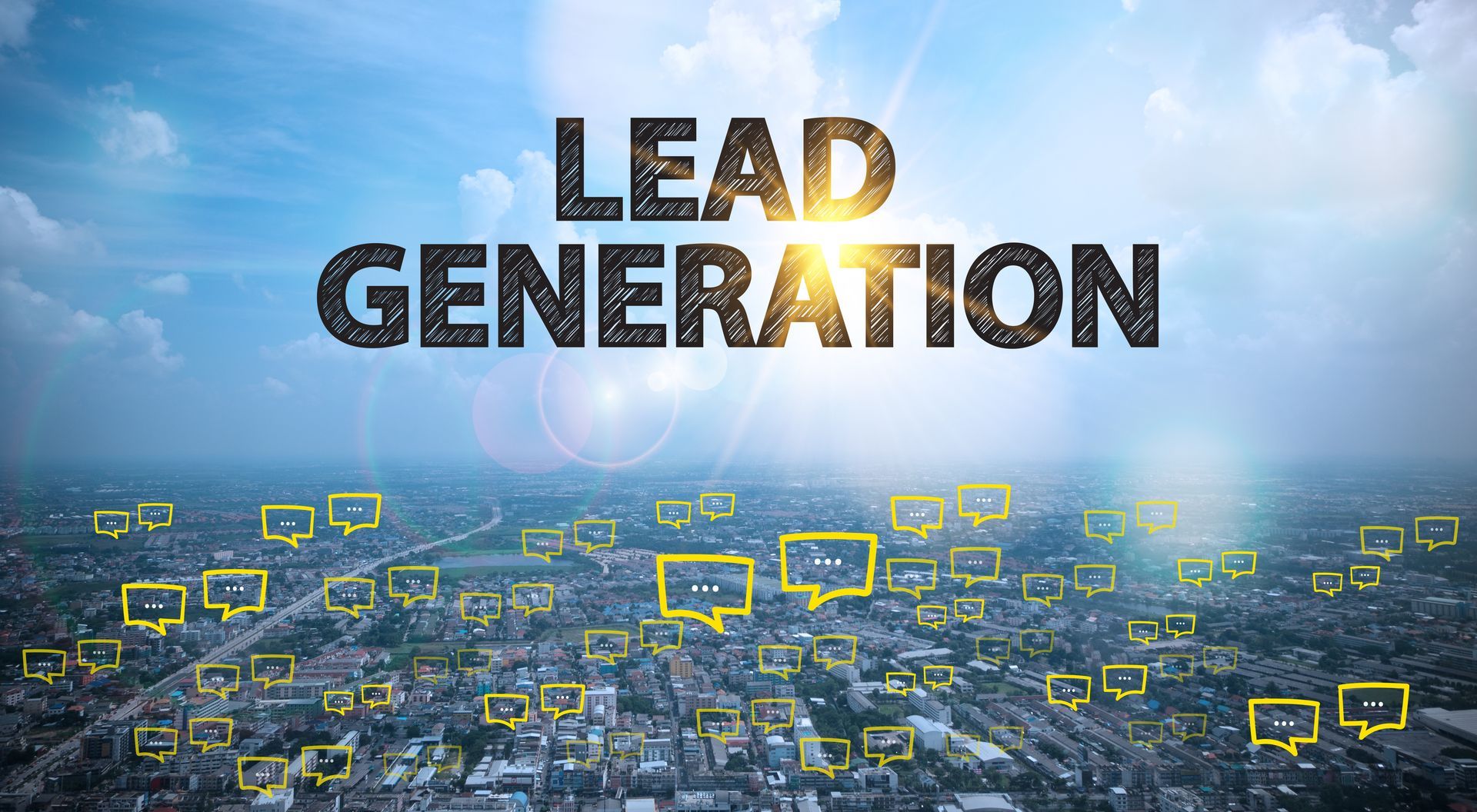 An aerial view of a city with the words lead generation written on it.