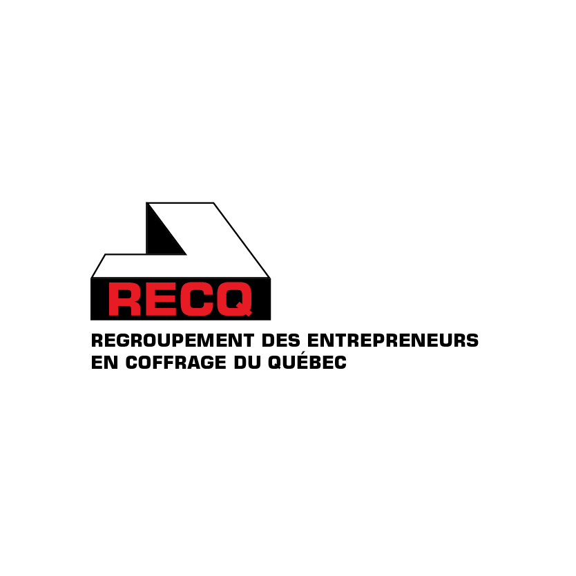 Logo du RECQ : Forme géométrique rouge et noire avec les lettres RECQ, le texte en dessous indique « Regroupement des Entrepreneurs en Coffrage du Québec ».