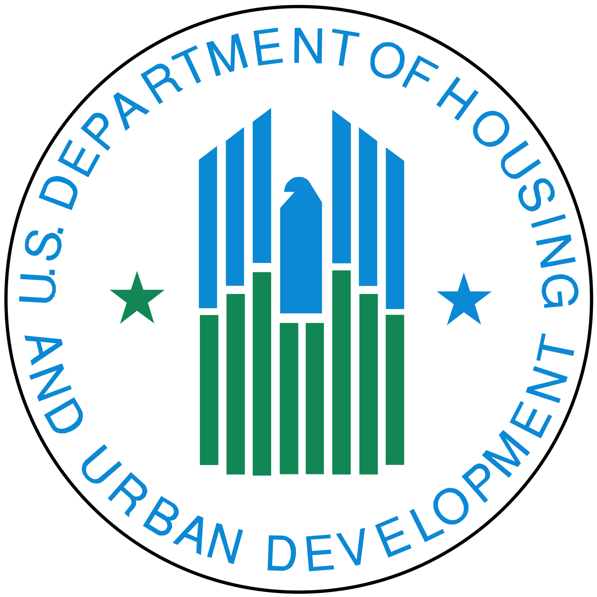 U.S. Department of Housing and Urban Development seal with blue and green stylized building and stars
