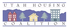 Utah Housing Coalition logo with houses, mountain and apartment buildings in blue and purple