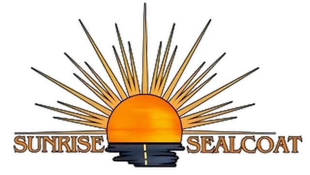 Logo for Sunrise Sealcoat featuring a stylized sun rising over a dark, asphalt-textured road.