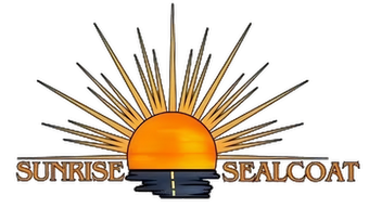 Logo for Sunrise Sealcoat featuring a stylized sun rising over a dark, asphalt-textured road.