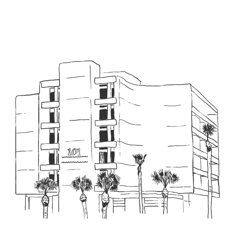 Sketch of a modern multi-story apartment building with palm trees in front