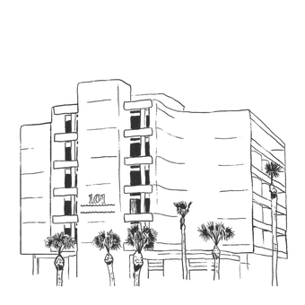 Sketch of a modern multi-story apartment building with palm trees in front