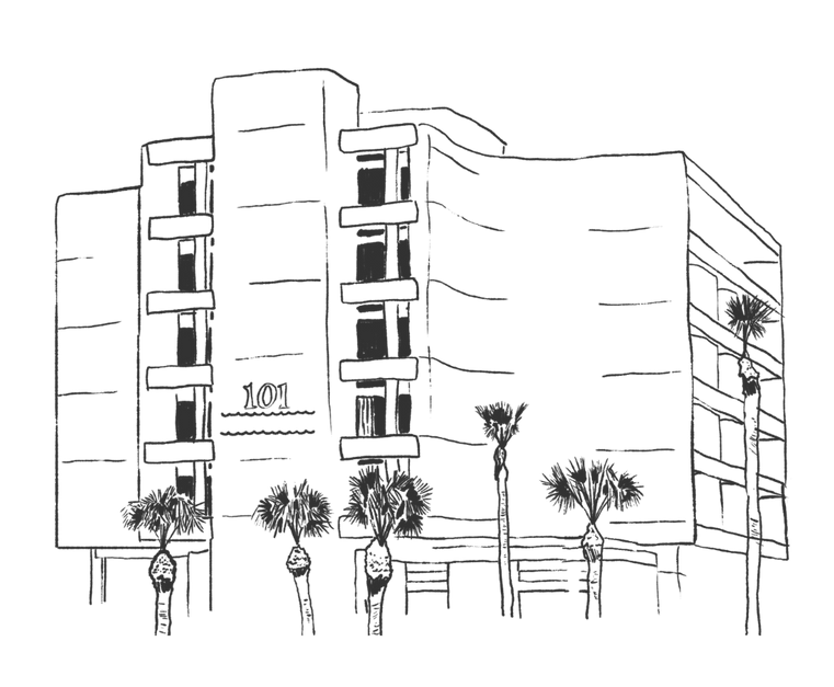 Sketch of a multi-story building with balconies and palm trees in front