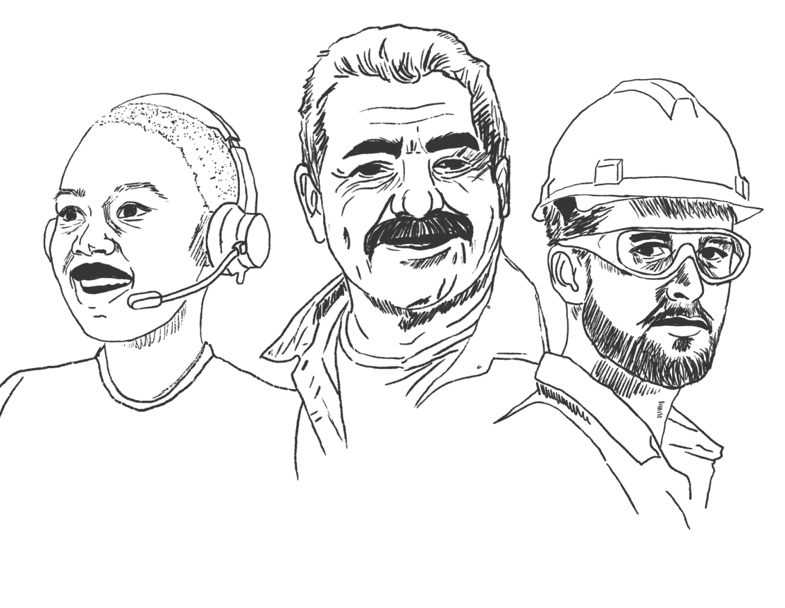 Three sketched men, one wearing headphones, one mustached, and one in a hard hat with glasses.