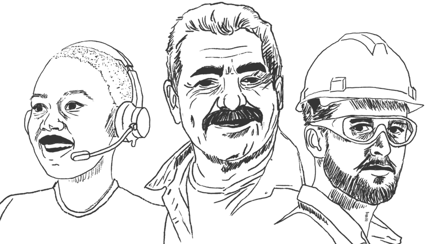 Three sketched men in profile and front view, one wearing a headset, one mustached, one in a hard hat and glasses