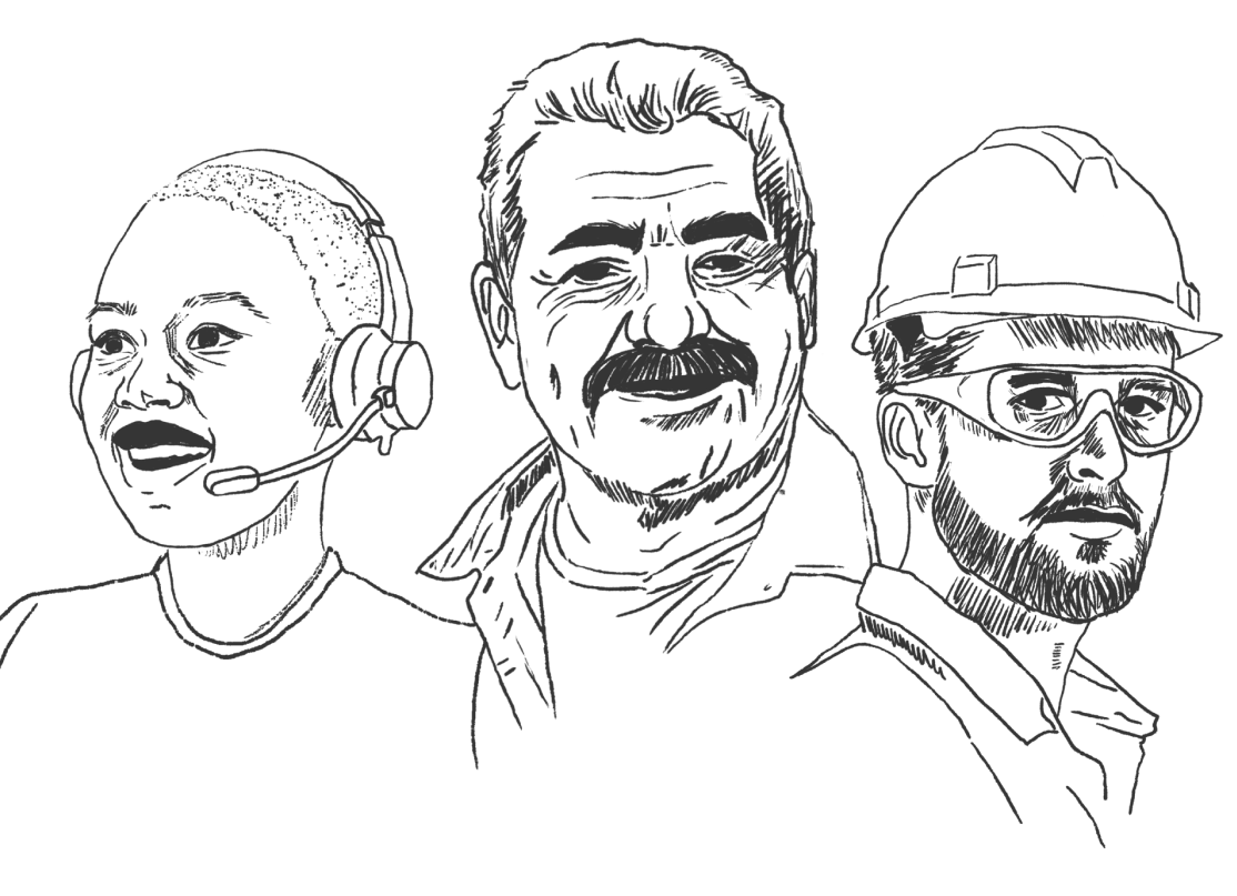 Three black-and-white portrait sketches of men, one wearing a headset, one with a mustache, one in a hard hat