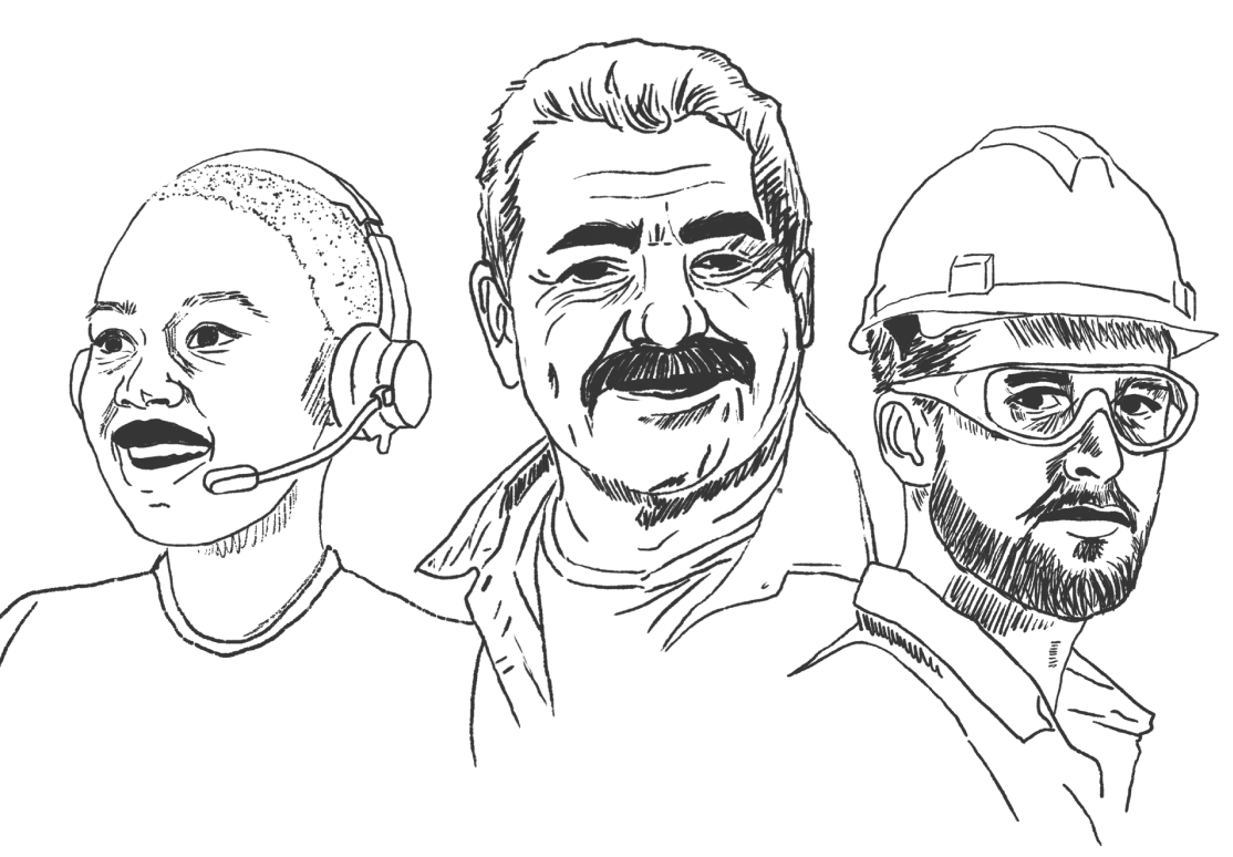 Three-line black-and-white sketch of people, including one wearing a headset and one in a hard hat and glasses.