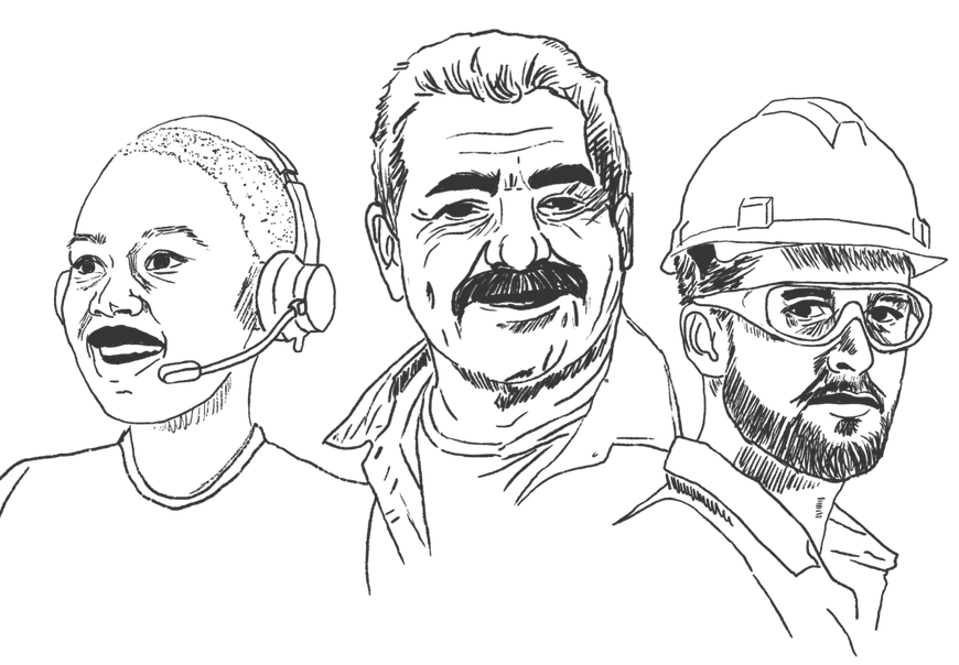 Three-line black-and-white sketch of people, including one wearing a headset and one in a hard hat and glasses.
