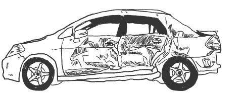 Black-and-white sketch of a damaged car side view with dented body and broken windows.