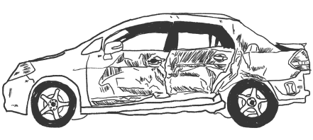 Side-view sketch of a damaged car with crumpled doors and smashed windows