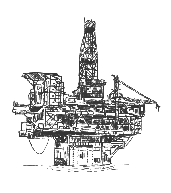Black-and-white sketch of an offshore oil rig with cranes, platforms, and a central tower.