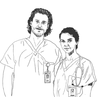 Two healthcare workers in scrubs wearing ID badges, standing side by side and facing forward.