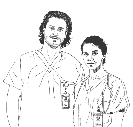 Two healthcare workers in scrubs and ID badges standing side by side, one with a stethoscope.
