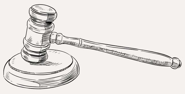 Sketch of a judge’s gavel with a long handle on a light background