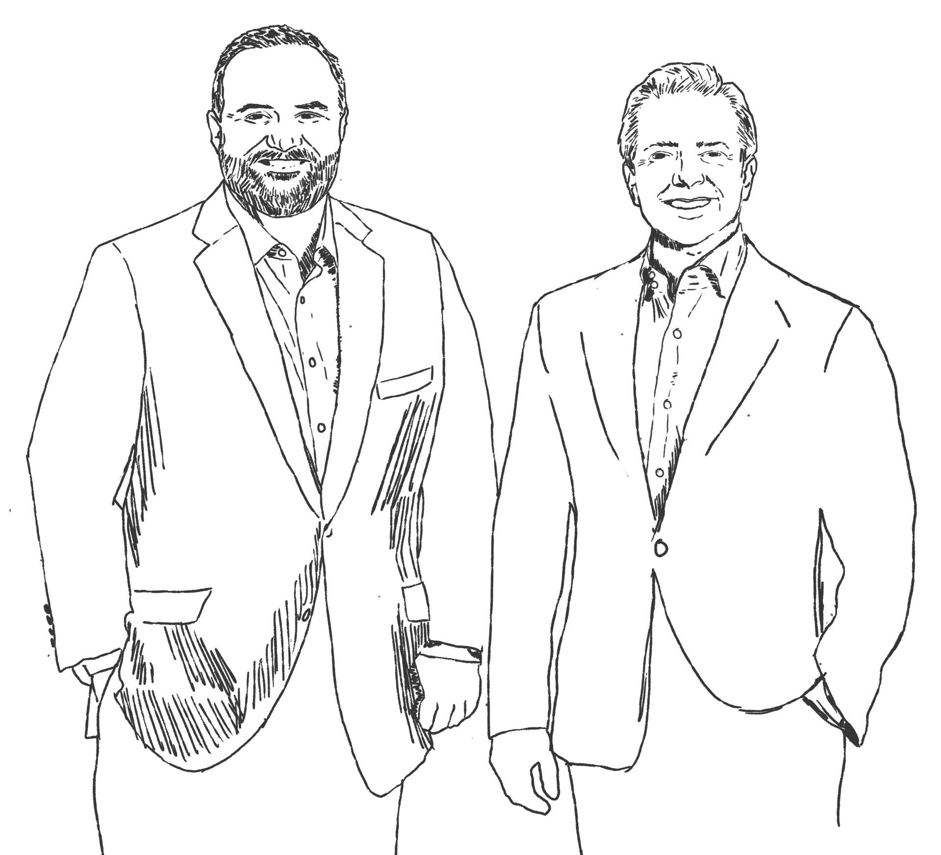 Two men in suits standing side by side, drawn in black-and-white line art.