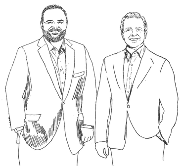 Two men in suits standing side by side, drawn in black-and-white line art.