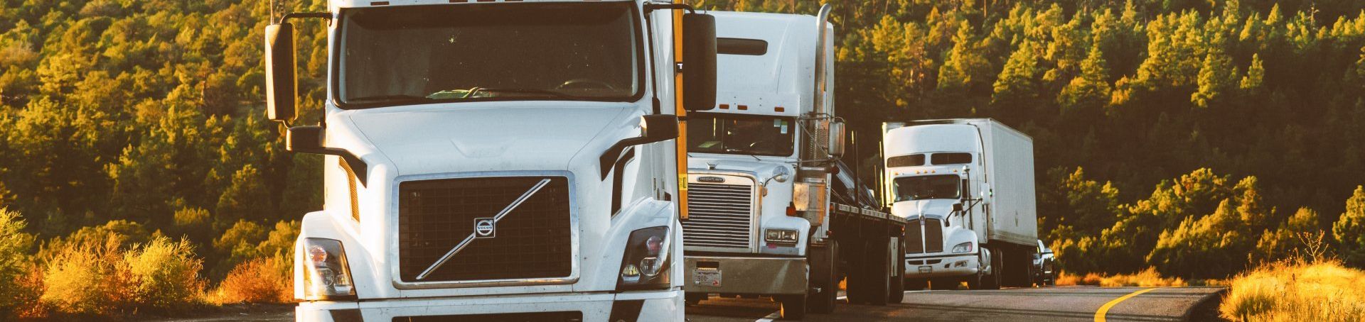 Three white semi trucks driving on a road through autumn trees