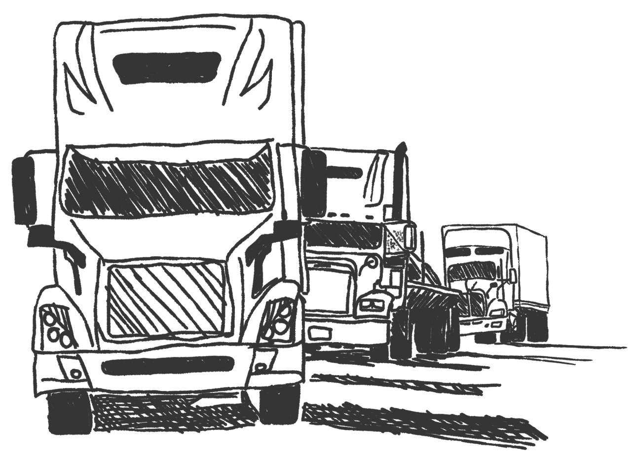 Sketch of several large trucks lined up on a road, front truck in the foreground.