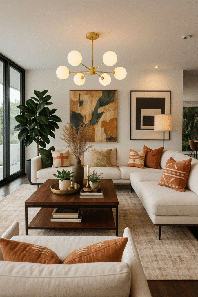 Modern living room with beige sectional, wood coffee table, abstract art, and warm globe chandelier