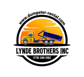 Lynde Brothers Inc dumpster rental logo with yellow truck, blue dumpster, orange sunset, and website URL