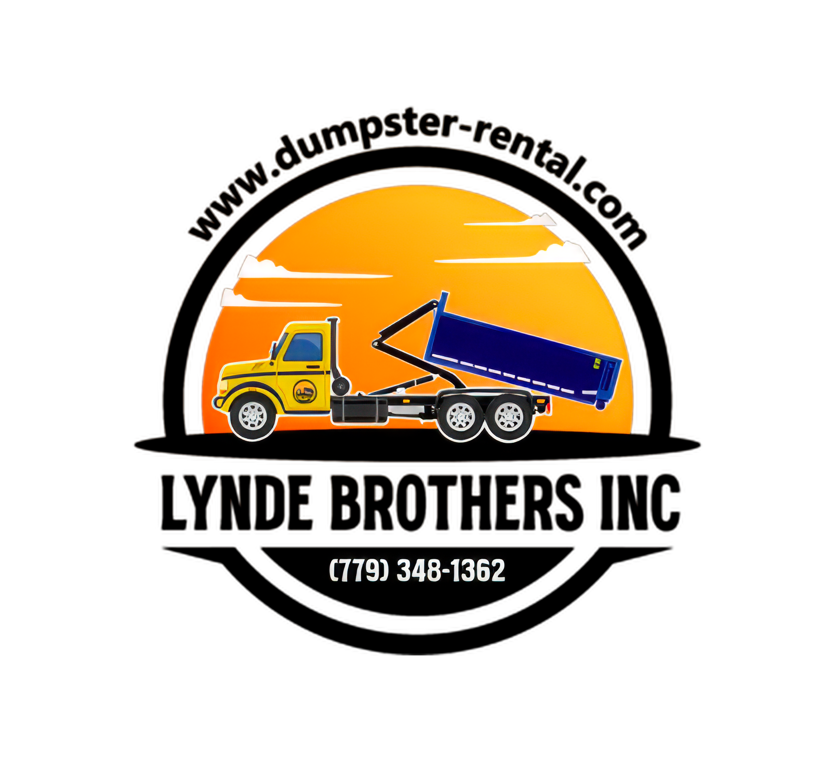 Lynde Brothers Inc dumpster rental logo with yellow truck, blue dumpster, orange sunset, and website URL