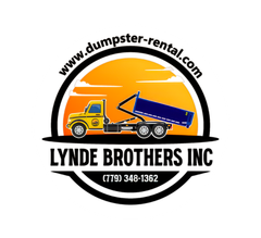 Lynde Brothers Inc dumpster rental logo with yellow truck, blue dumpster, and website and phone number